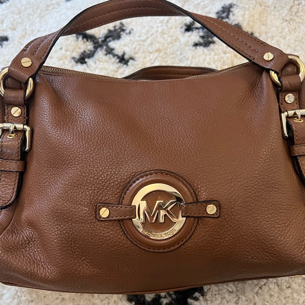 Michael Kors Cognac Leather Satchel with Crossbody Strap & MK Logo